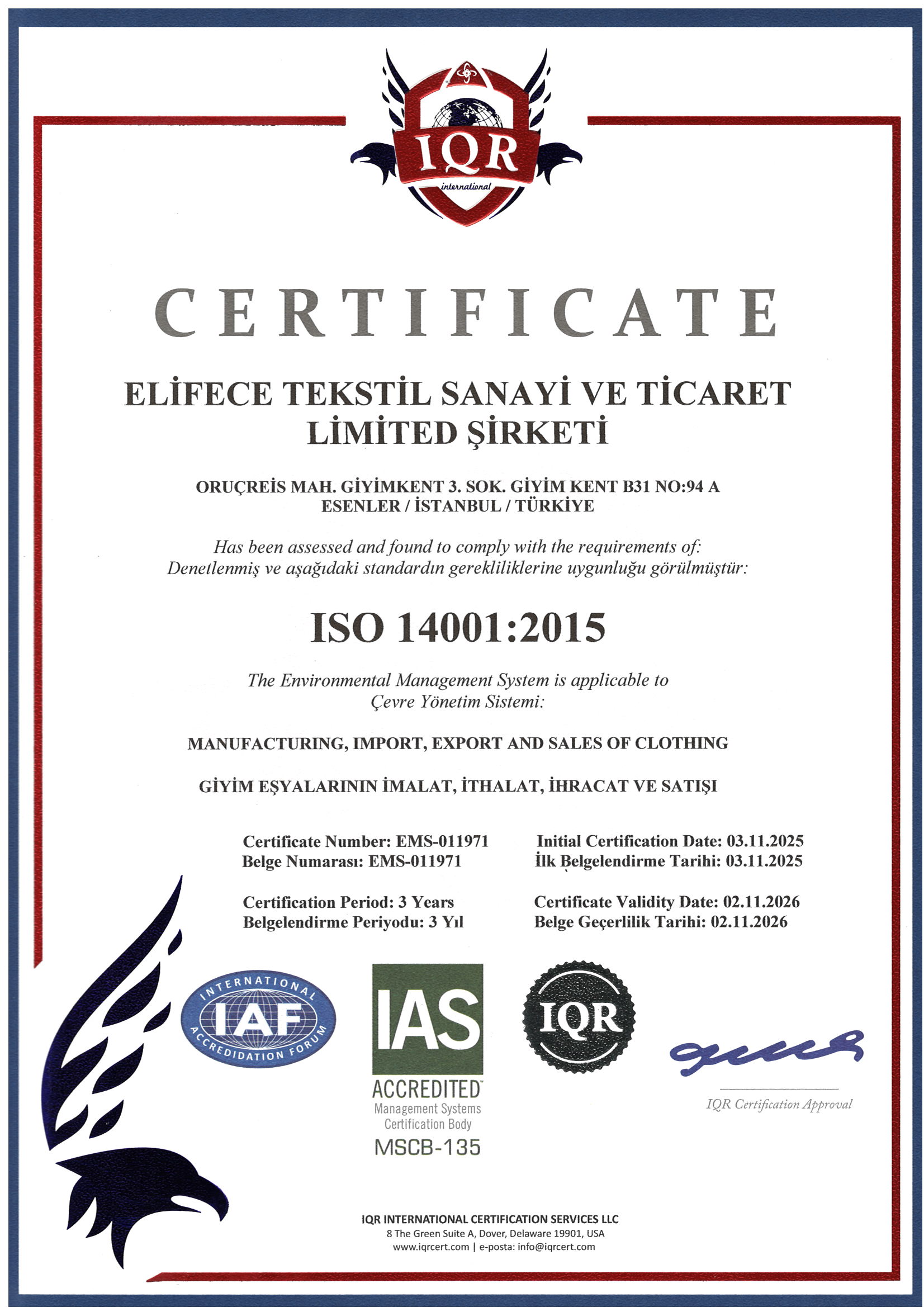 ISO 14001:2015 Çevre Yönetim Sistemi Sertifikası