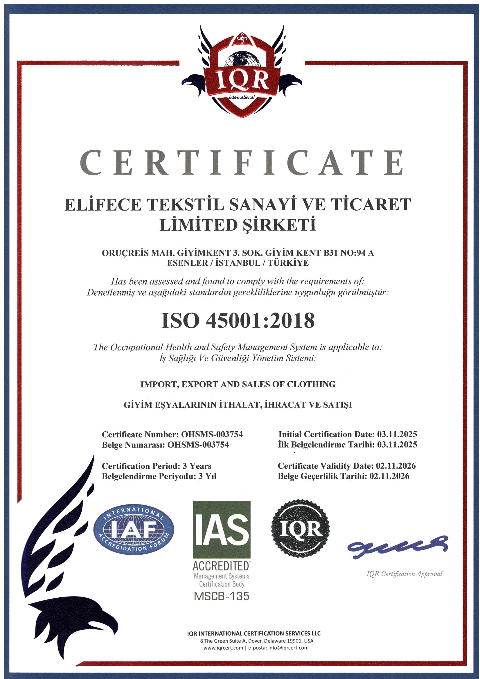ISO 45001:2018 İş Sağlığı ve Güvenliği Yönetim Sistemi Sertifikası