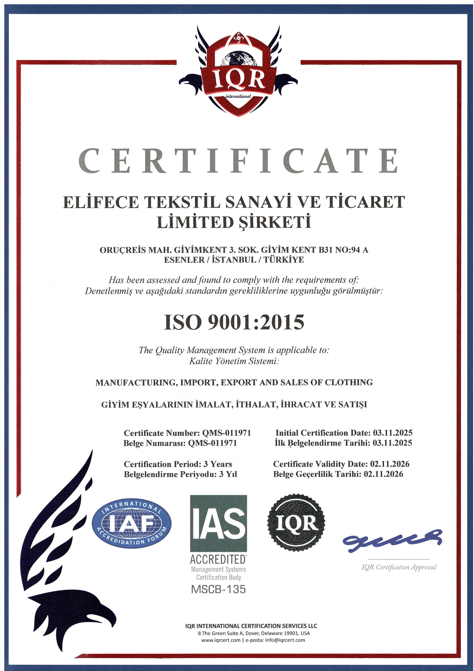 ISO 9001:2015 Kalite Yönetim Sistemi Sertifikası
